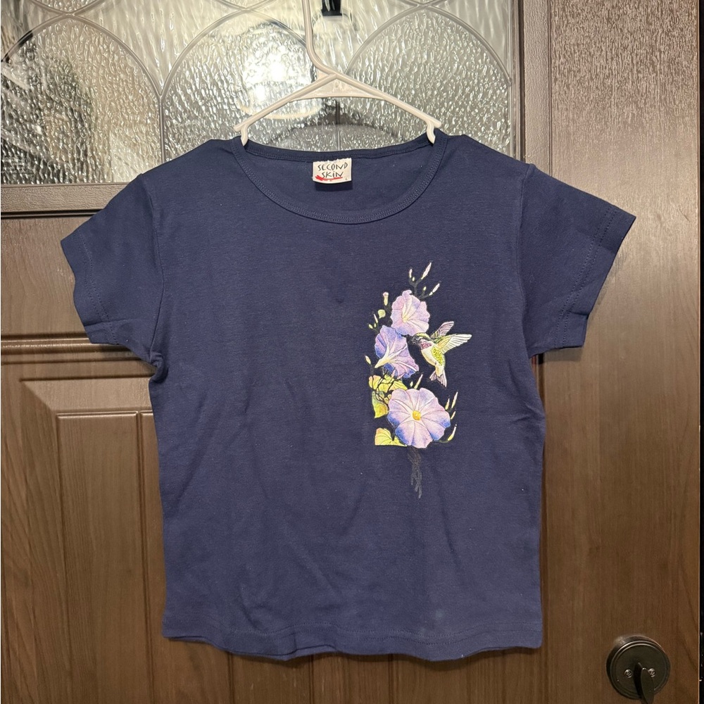 Y2K Navy Baby Tee with Purple Floral Accent